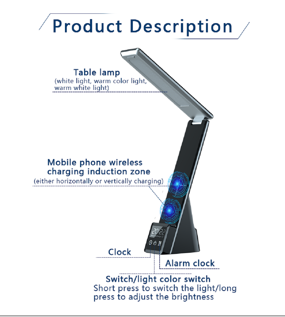 LED Desk Lamp Wireless Charger 15 W USB Type-C with Clock and Alarm